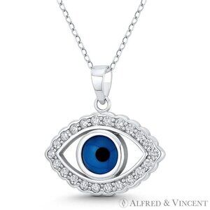 Evil Eye Glass Bead & CZ Crystal Charm Pendant in .925 Sterling Silver